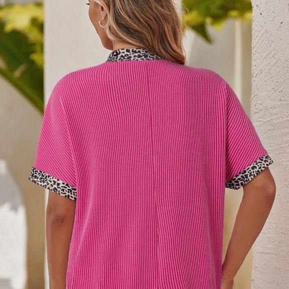 Pink Ribbed Top with Leopard Trim - Picture 2 of 2
